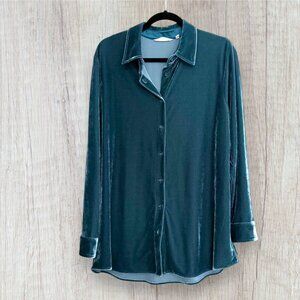 Soft Surroundings Teal Stretch Velvet Button Front Tunic Shirt Women’s L